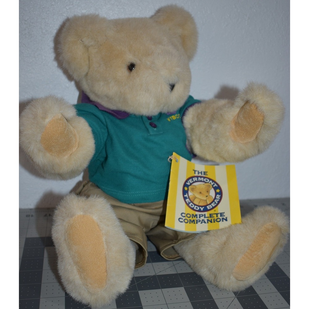 Vermont Teddy Bear Complete Companion Cream Jointed Plush Teal Polo Khaki 17in